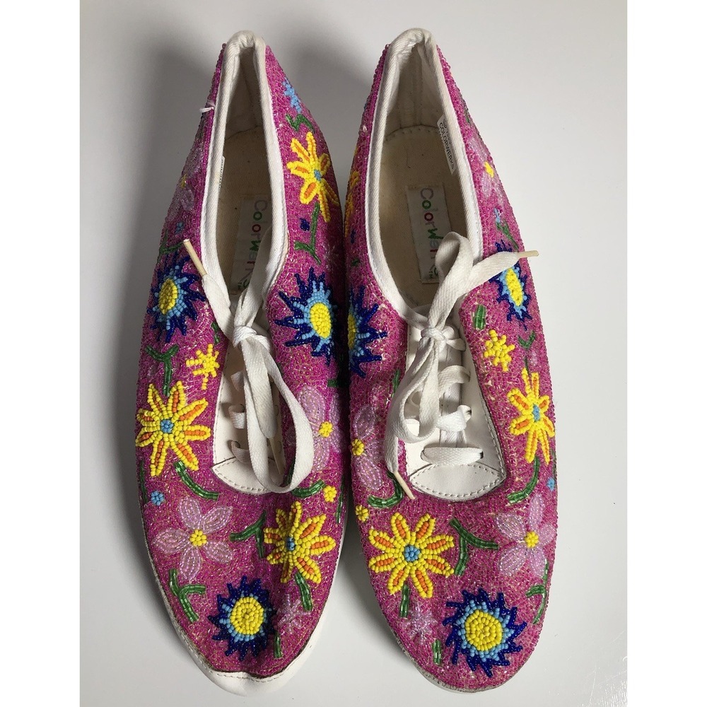 Vtg 90s Pink Beaded Floral Canvas Shoes Colorwerks Women's 12W Festival Kawaii